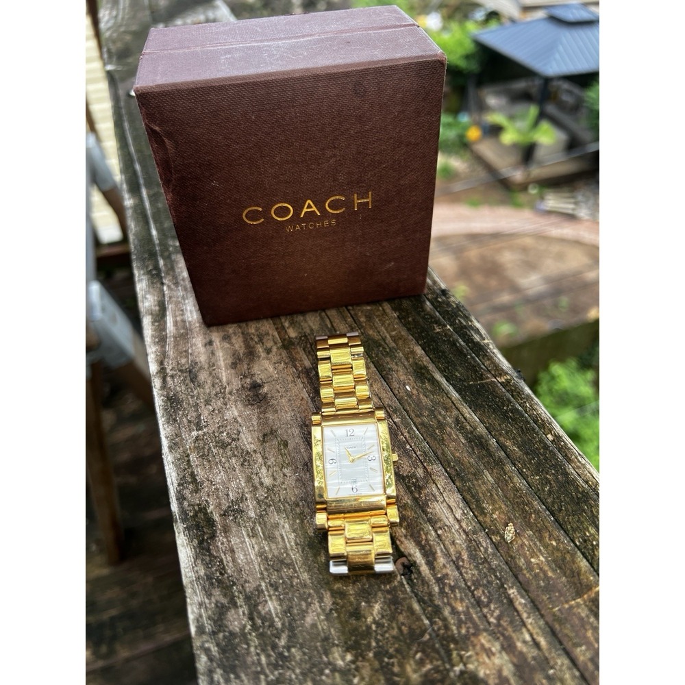 Coach Womens Swiss Made Tank Style Watch Gold Tone Case & Band